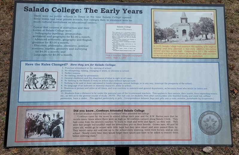 Salado College: The Early Years Marker. Click for full size. Salado College: The Early Years Marker image. Click for full size.