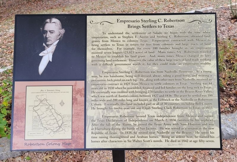 Empresario Sterling C. Robertson Brings Settlers to Texas Marker image. Click for full size.