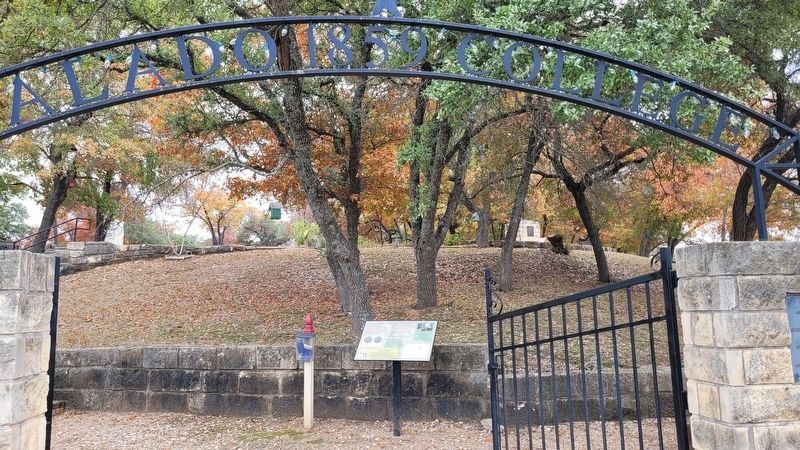 The Welcome to Historic Salado College Park Marker at the front entrance gate of the park image. Click for full size.