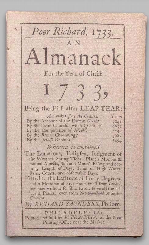 First Edition of Poor Richards Almanack image. Click for more information.