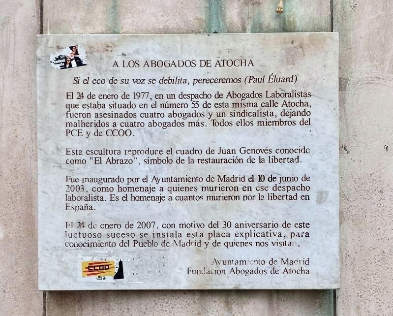 A Los Abogados de Atocha / In Memory of the Lawyers of Atocha Marker image. Click for full size.