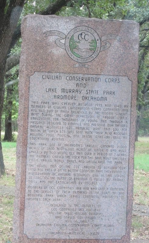 Civilian Conservation Corps and Lake Murray State Park Marker. Click for full size. Civilian Conservation Corps and Lake Murray State Park Marker image. Click for full size.