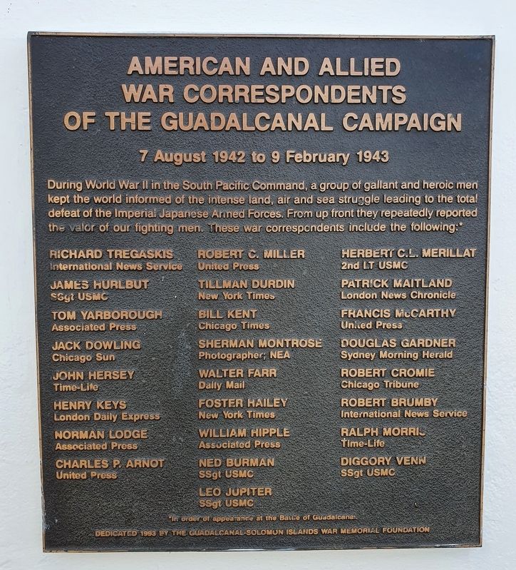 American and Allied War Correspondents of the Guadalcanal Campaign Marker image. Click for full size.