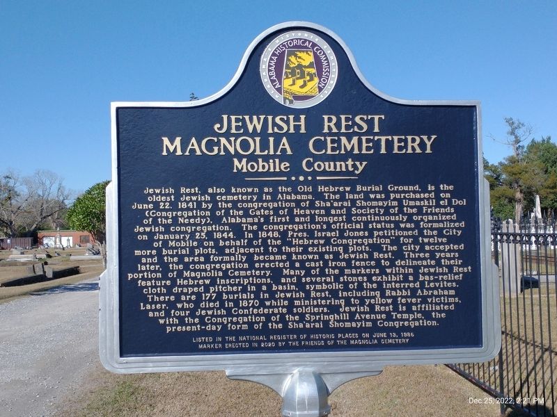 Jewish Rest Magnolia Cemetery Marker image. Click for full size.