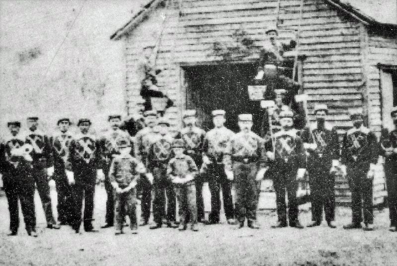 Marker detail: First Fire Hall and Bucket Brigade image. Click for full size.