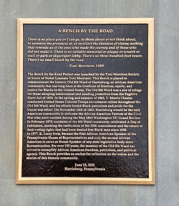 A Bench by the Road: Old Eighth Ward of Harrisburg Marker image. Click for full size.