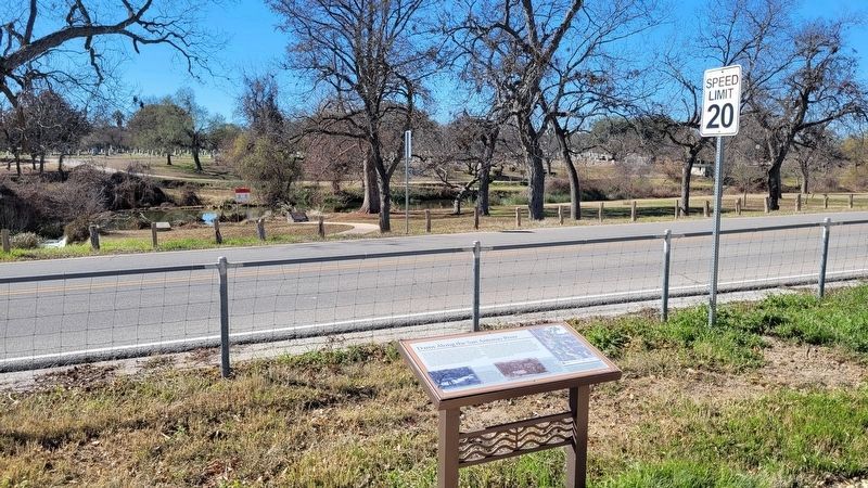 The marker with the old Espada Dam across the road image. Click for full size.