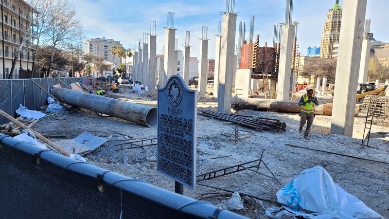 The view of the El Quartel (El Cuartel) Marker from the street and over the construction fence. Click for full size. The view of the El Quartel (El Cuartel) Marker from the street and over the construction fence image. Click for full size.