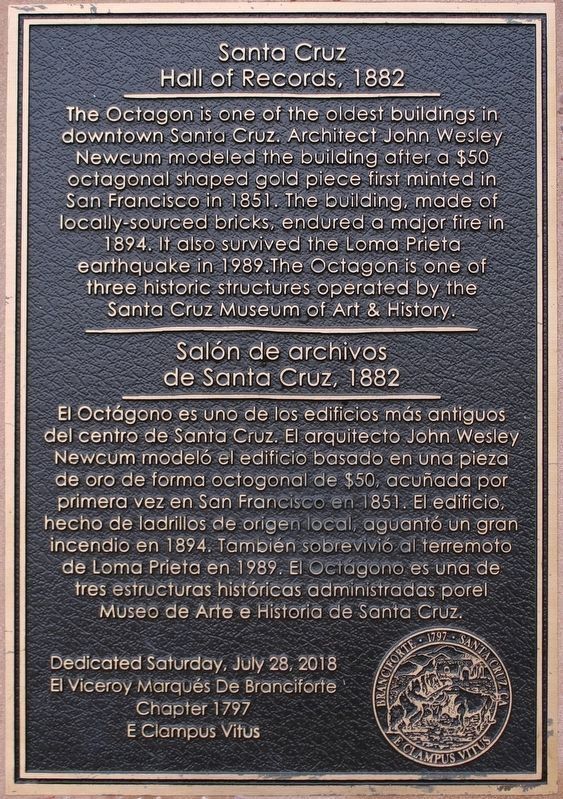 Santa Cruz Hall of Records 1882 / Salón de archivos de Santa Cruz 1882 Marker. Click for full size. Santa Cruz Hall of Records 1882 / Salón de archivos de Santa Cruz 1882 Marker image. Click for full size.