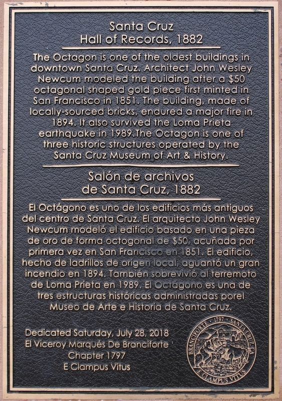 Santa Cruz Hall of Records 1882 / Saln de archivos de Santa Cruz 1882 Marker image. Click for full size.
