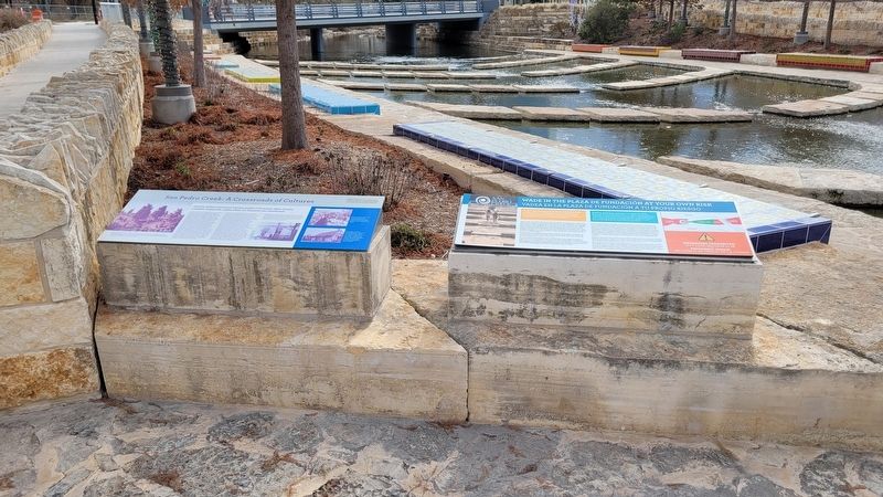 The San Pedro Creek: A Crossroads of Cultures Marker is the marker on the left of the two markers image. Click for full size.
