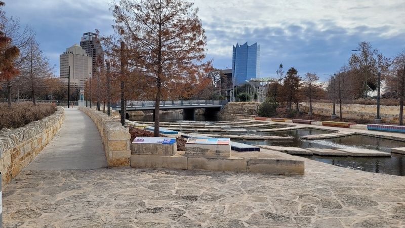 The view of the San Pedro Creek: A Crossroads of Cultures Marker in the park image. Click for full size.