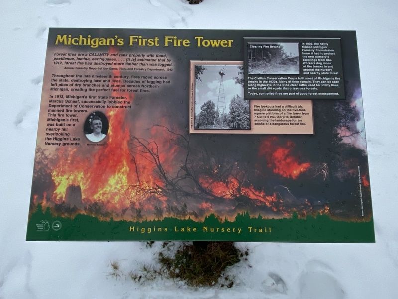 Michigan's First Fire Tower Marker image. Click for full size.