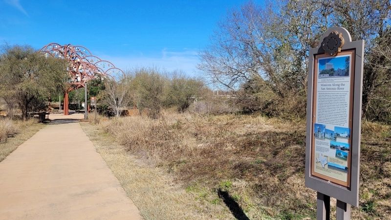 The view of the Missions Along the San Antonio River Marker along the River Walk image. Click for full size.