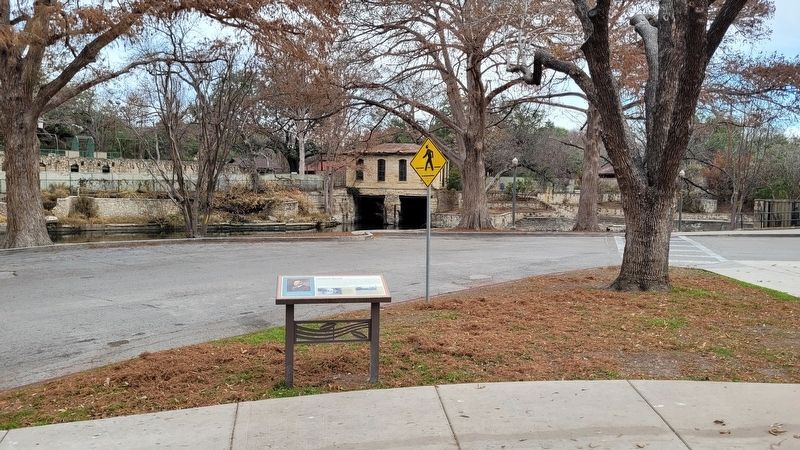 The Lambert Beach Marker in front of the Pump House by the river image. Click for full size.
