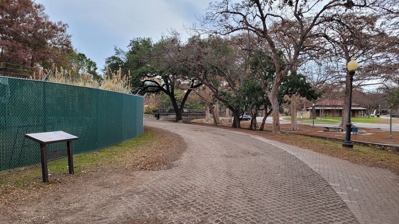 The Confederate Tannery Marker is next to a trail along the San Antonio River image. Click for full size.