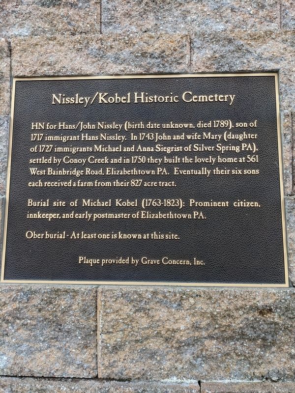 Nissley/Kobel Historic Cemetery Marker. Click for full size. Nissley/Kobel Historic Cemetery Marker image. Click for full size.