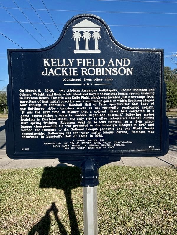 Kelly Field and Jackie Robinson Marker (reverse side) image. Click for full size.
