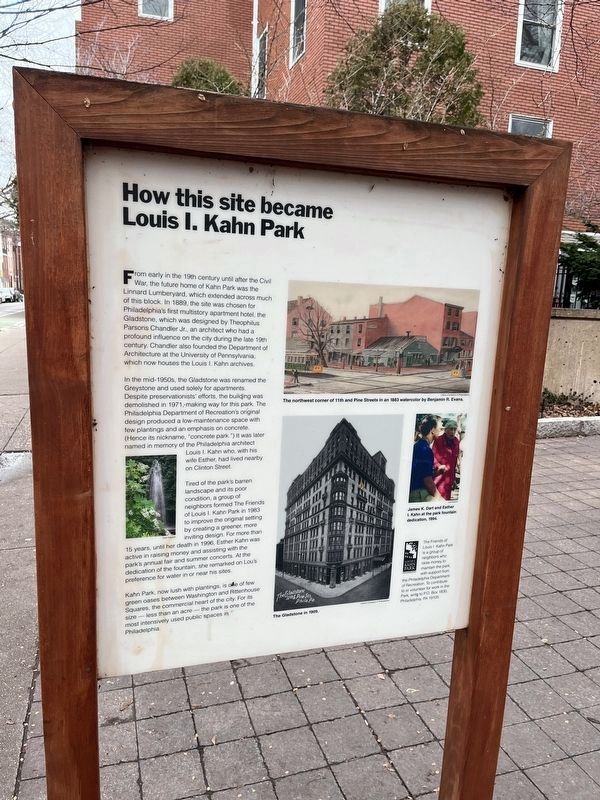 How this site became Louis I. Kahn Park side of the marker. Click for full size. How this site became Louis I. Kahn Park side of the marker image. Click for full size.