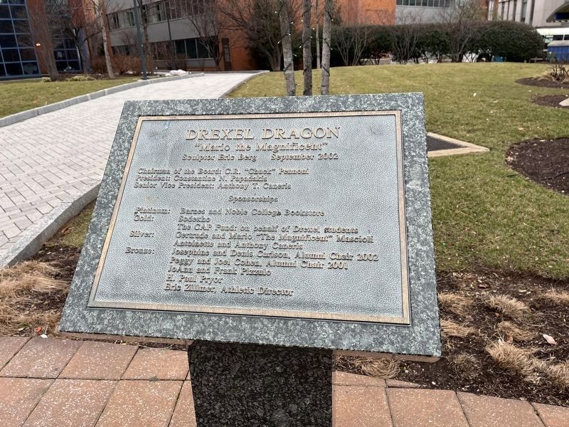 Dedication plaque for <i>Drexel Dragon</i>, or <i>Mario the Magnificent</i> image. Click for full size.
