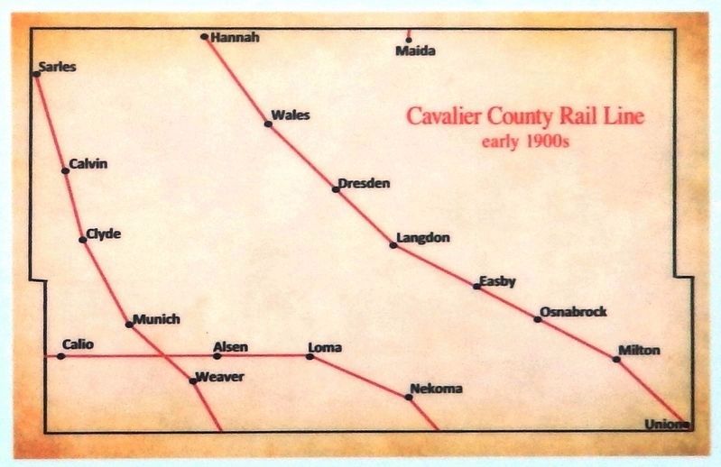Marker detail: Cavalier County Rail Line, early 1900s image. Click for full size.