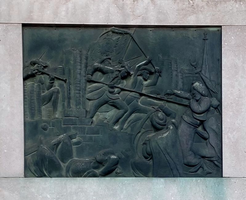 Vienna Siege Memorial - plaque with battle scene (Viennese on the left, Turks on the right) image. Click for full size.