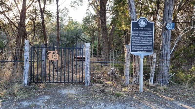 The Jakob (Jacob) Brodbeck Marker and family cemetery entrance gate image. Click for full size.