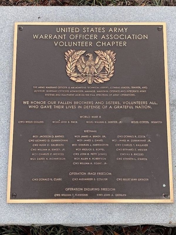 United States Army Warrant Officer Association Volunteer Chapter Marker. Click for full size. United States Army Warrant Officer Association Volunteer Chapter Marker image. Click for full size.