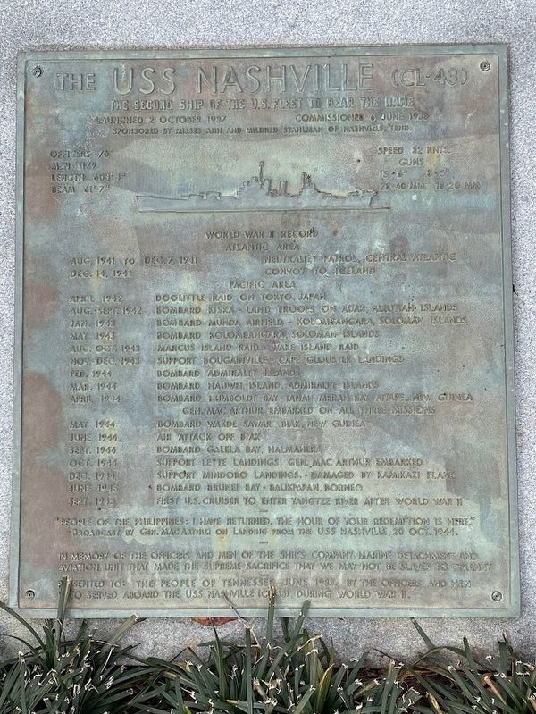 The USS Nashville (CL-43) Marker. Click for full size. The USS Nashville (CL-43) Marker image. Click for full size.