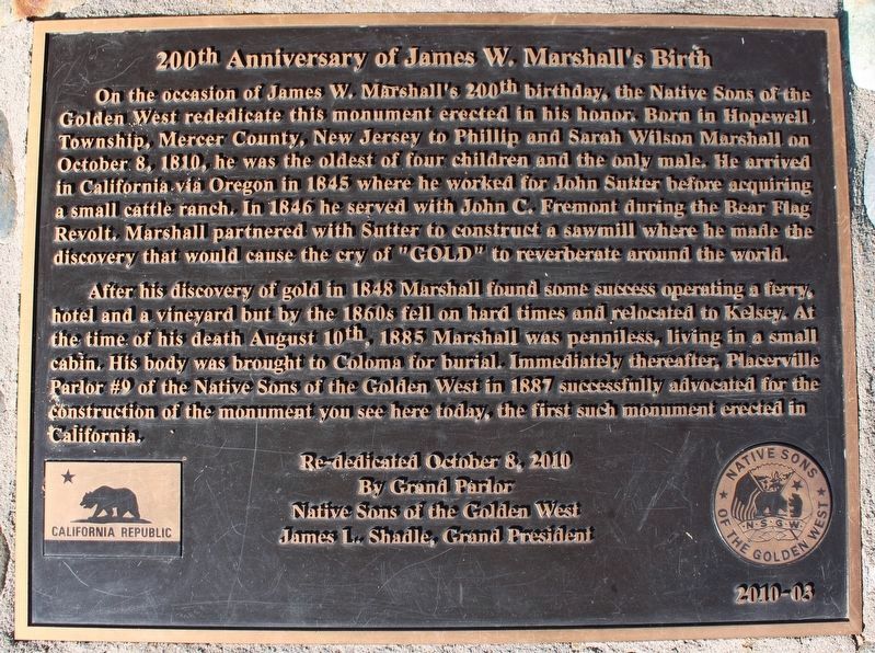 200th Anniversary of James W. Marshall's Birth Marker. Click for full size. 200th Anniversary of James W. Marshall's Birth Marker image. Click for full size.