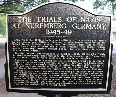 The Trials of Nazis at Nuremberg, Germany, 1945-49 side of marker image. Click for full size.