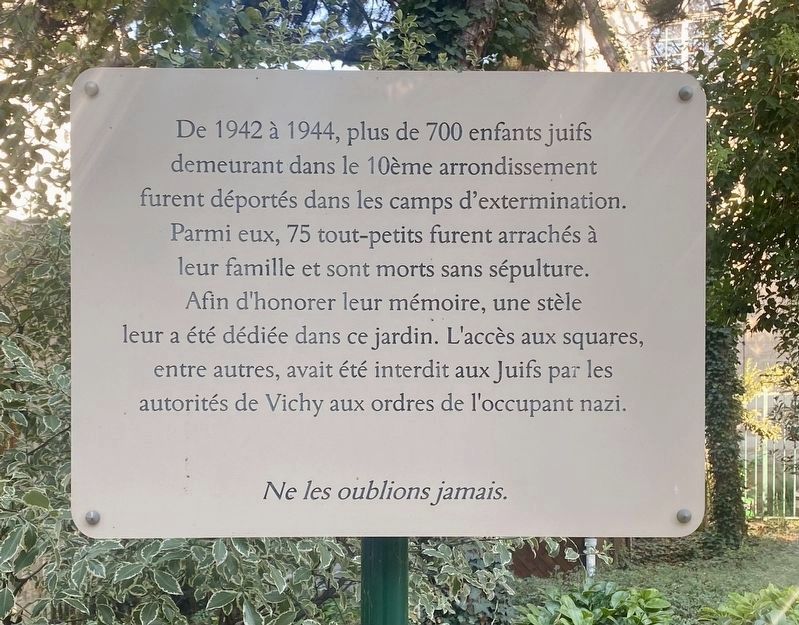 10ème Arrondissement Enfant Juifs / Tenth Arrondissement Jewish Children Marker. Click for full size. 10ème Arrondissement Enfant Juifs / Tenth Arrondissement Jewish Children Marker image. Click for full size.