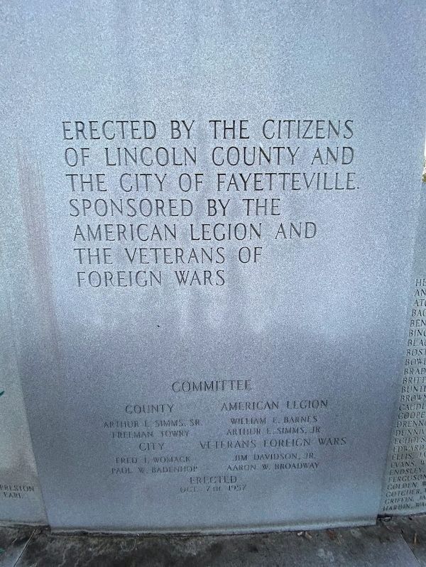 War Memorial for Lincoln County and City of Fayetteville image. Click for full size.