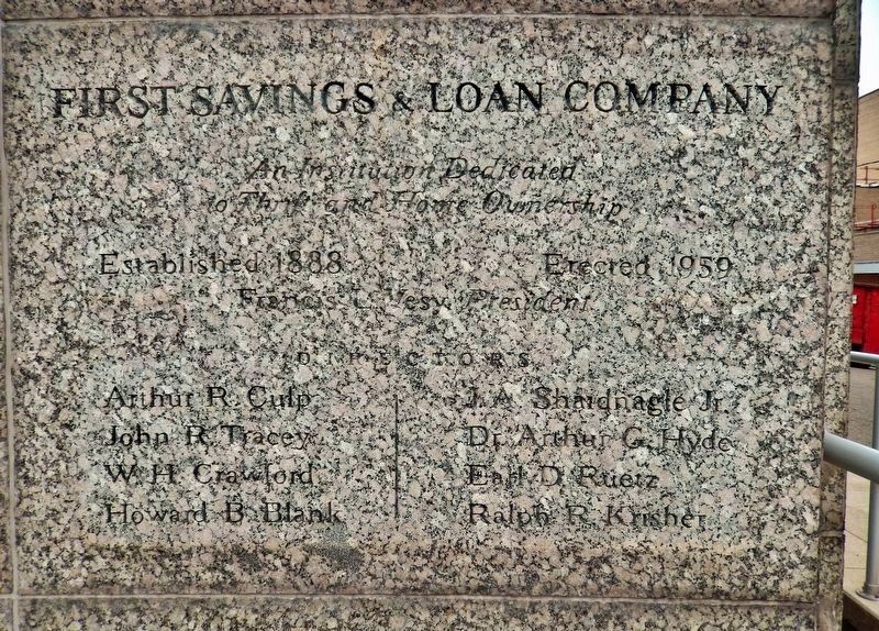 First Savings & Loan Company Cornerstone. Click for full size. First Savings & Loan Company Cornerstone image. Click for full size.