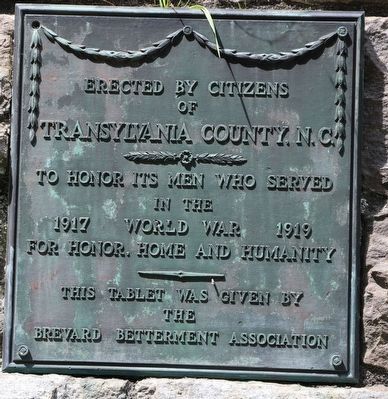 Transylvania County World War I Memorial Marker image. Click for full size.