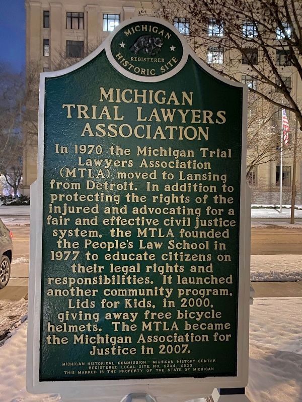 Michigan Trial Lawyers Association Marker Reverse image. Click for full size.