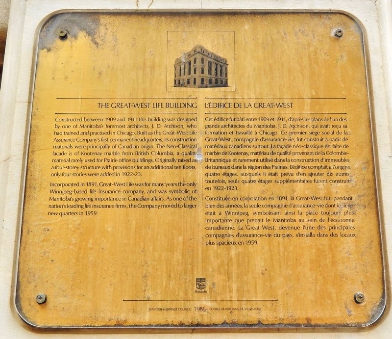 The Great-West Life Building /<br>L’édifice de la Great-West Marker. Click for full size. The Great-West Life Building /<br>L’édifice de la Great-West Marker image. Click for full size.