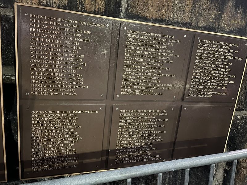 Governor's Alley Marker (plaque naming the Governors of Massachusetts through 2009). Click for full size. Governor's Alley Marker (plaque naming the Governors of Massachusetts through 2009) image. Click for full size.