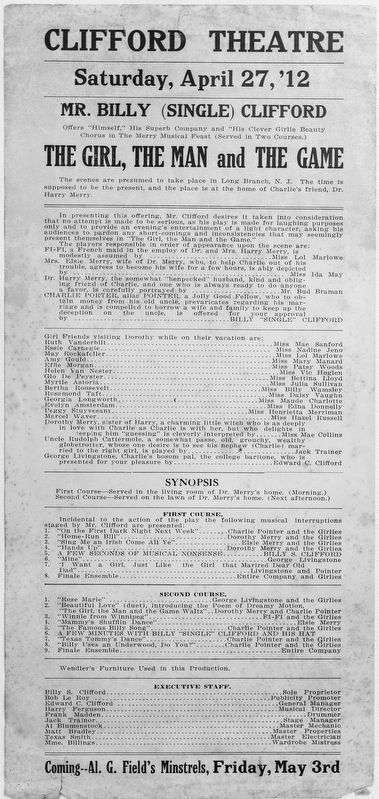 Playbill for the Clifford Theatre, Saturday, April 27, 1912 image. Click for full size.