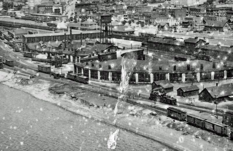 Marker detail: CPR Roundhouse and Railyard, circa 1930 image. Click for full size.