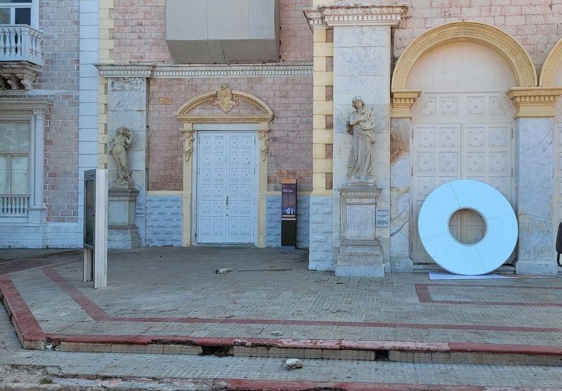 The Adolfo Mejia Theater Marker in front of the old church image. Click for full size.