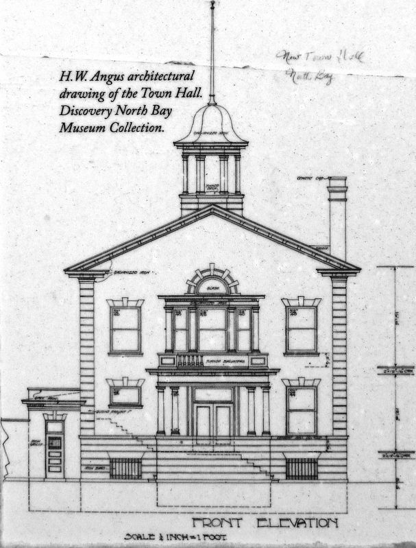 Marker detail: H.W. Angus architectural drawing of Town Hall image. Click for full size.