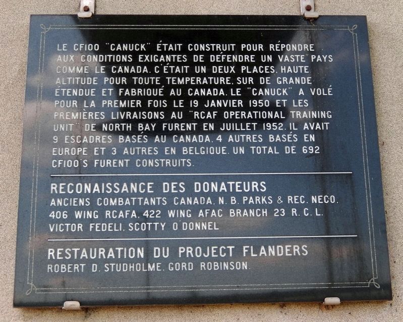 CF100 Canuck Marker (<i>Français</i>)<br>(<i>east side of memorial</i>). Click for full size. CF100 Canuck Marker (<i>Français</i>)<br>(<i>east side of memorial</i>) image. Click for full size.