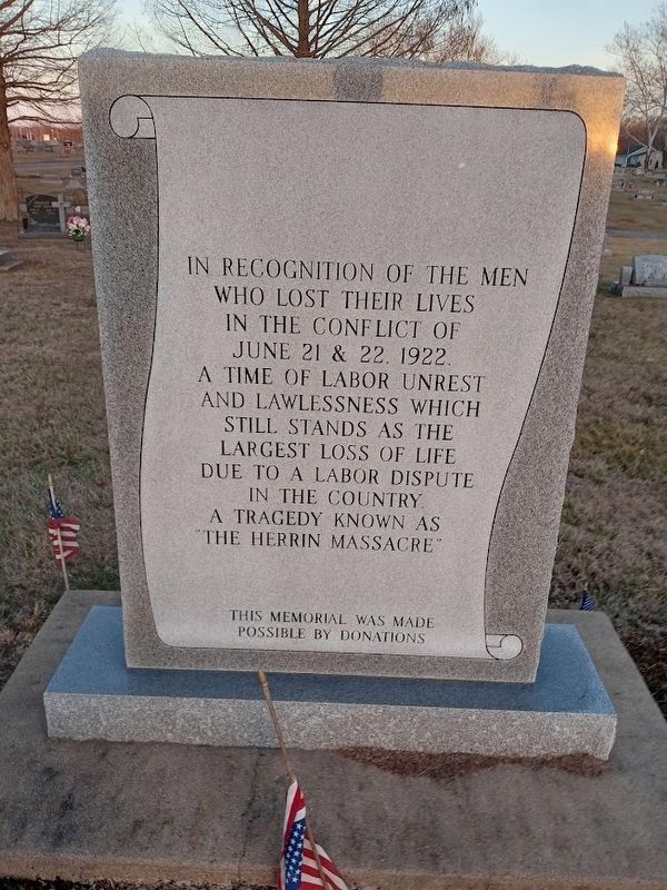 Herrin Massacre Memorial Marker. Click for full size. Herrin Massacre Memorial Marker image. Click for full size.