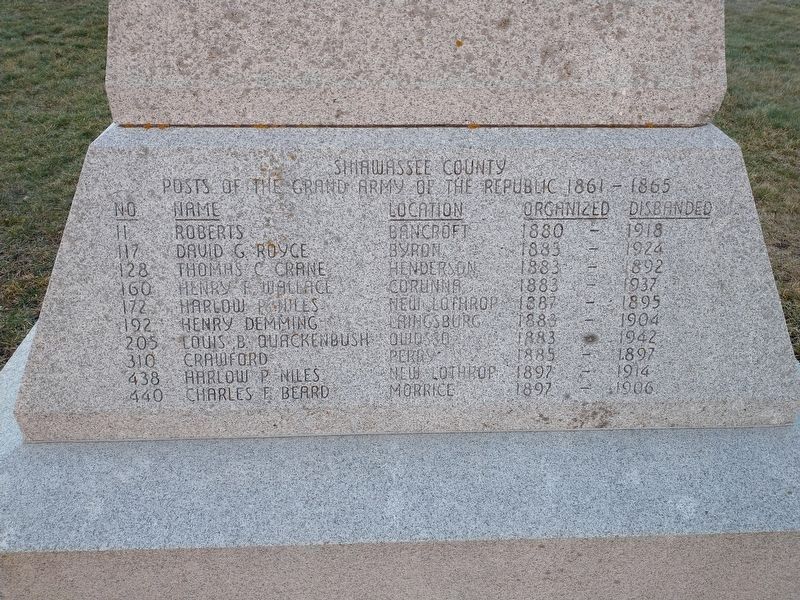 Shiawassee County Civil War Memorial Reverse. Click for full size. Shiawassee County Civil War Memorial Reverse image. Click for full size.