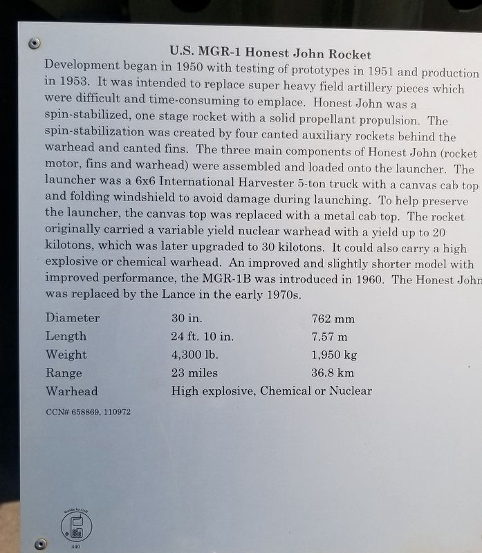 U.S. MGR-1 Honest John Rocket Marker. Click for full size. U.S. MGR-1 Honest John Rocket Marker image. Click for full size.
