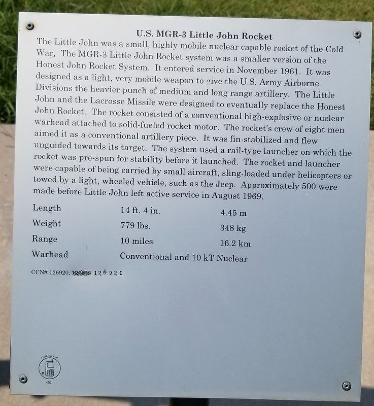 U.S. MGR-3 Little John Rocket Marker image. Click for full size.