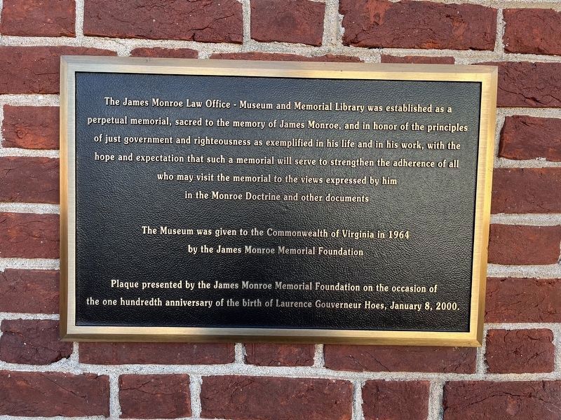 The James Monroe Law Office - Museum and Memorial Library Marker image. Click for full size.