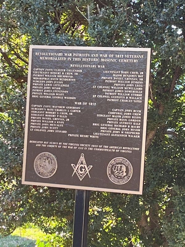 Revolutionary War Patriots and War of 1812 Veterans Memorialized in this Historic Masonic Cemetery Marker image. Click for full size.