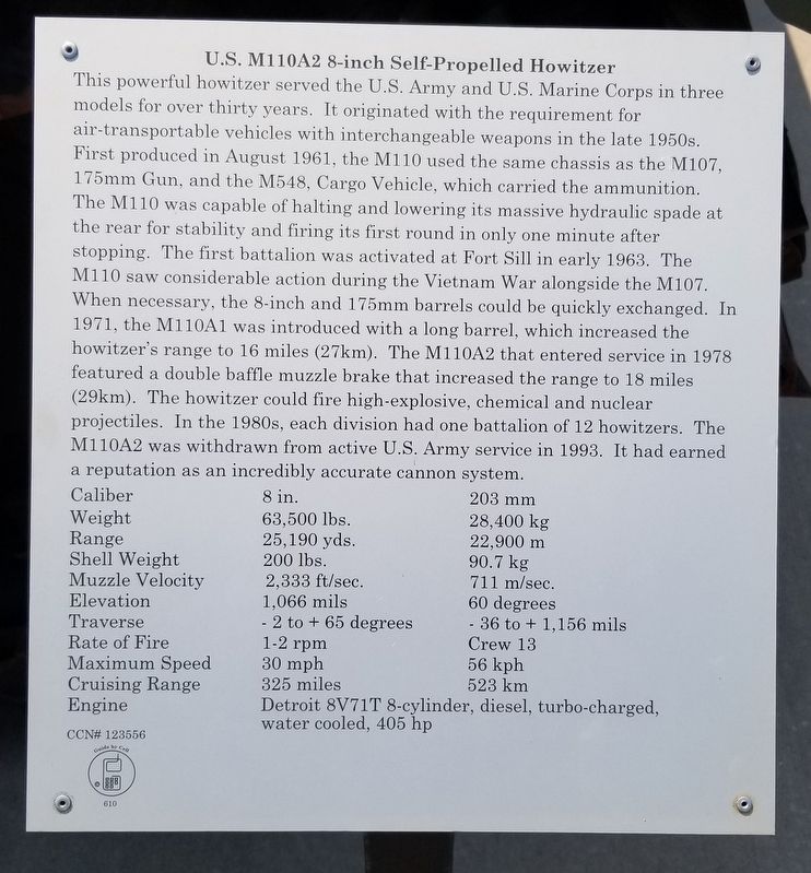 U.S. M110A2 8-inch Self-Propelled Howitzer Marker. Click for full size. U.S. M110A2 8-inch Self-Propelled Howitzer Marker image. Click for full size.